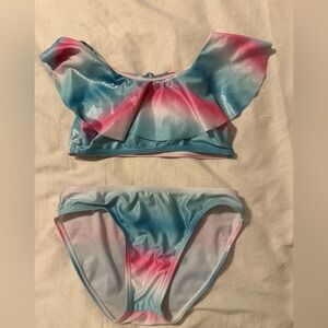 Girls Two-Piece Ruffle Bikini - Blue, Pink, White Tie-Dye